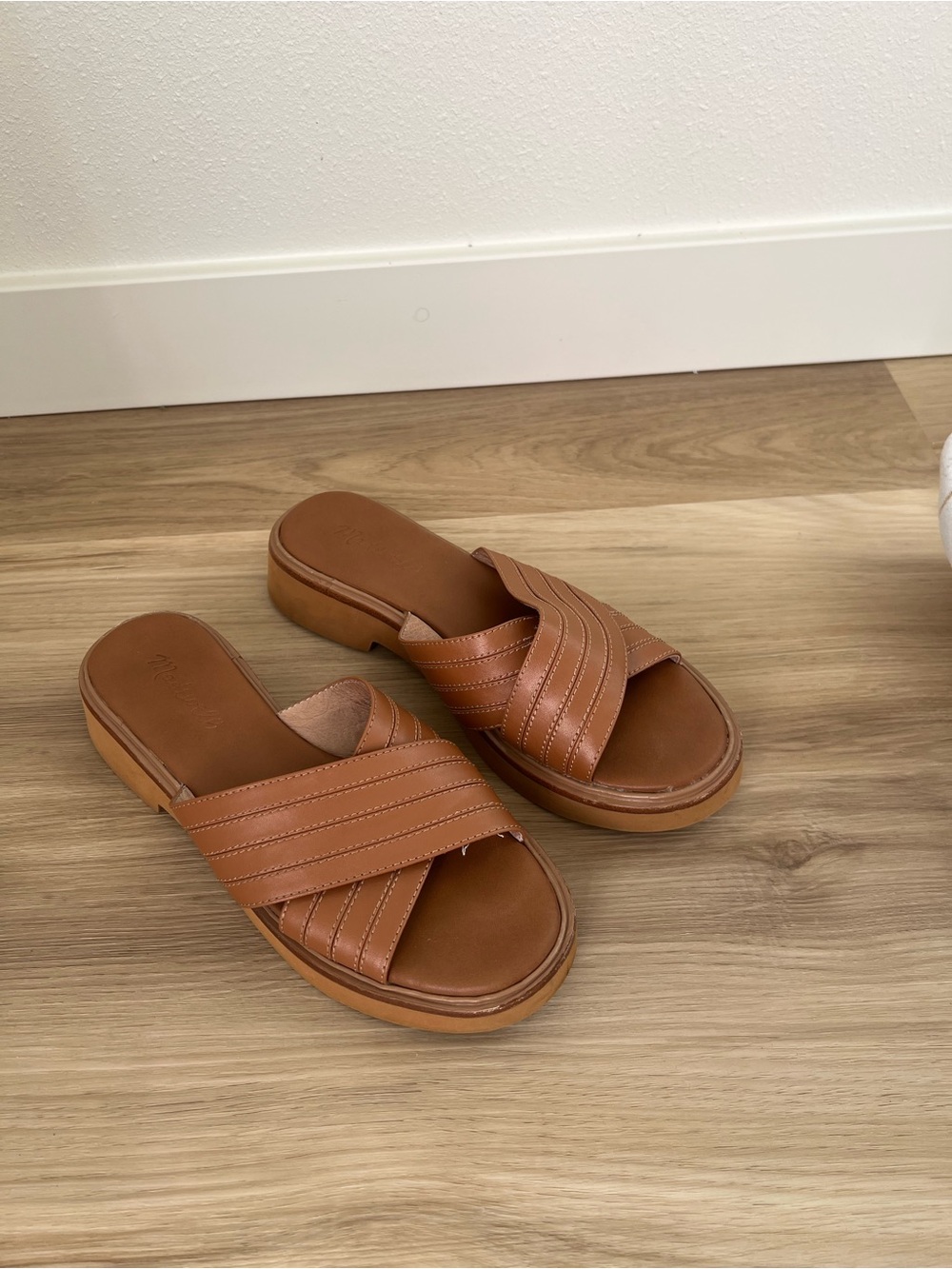 Madewell Tan Leather Cross-Strap Slide Mules